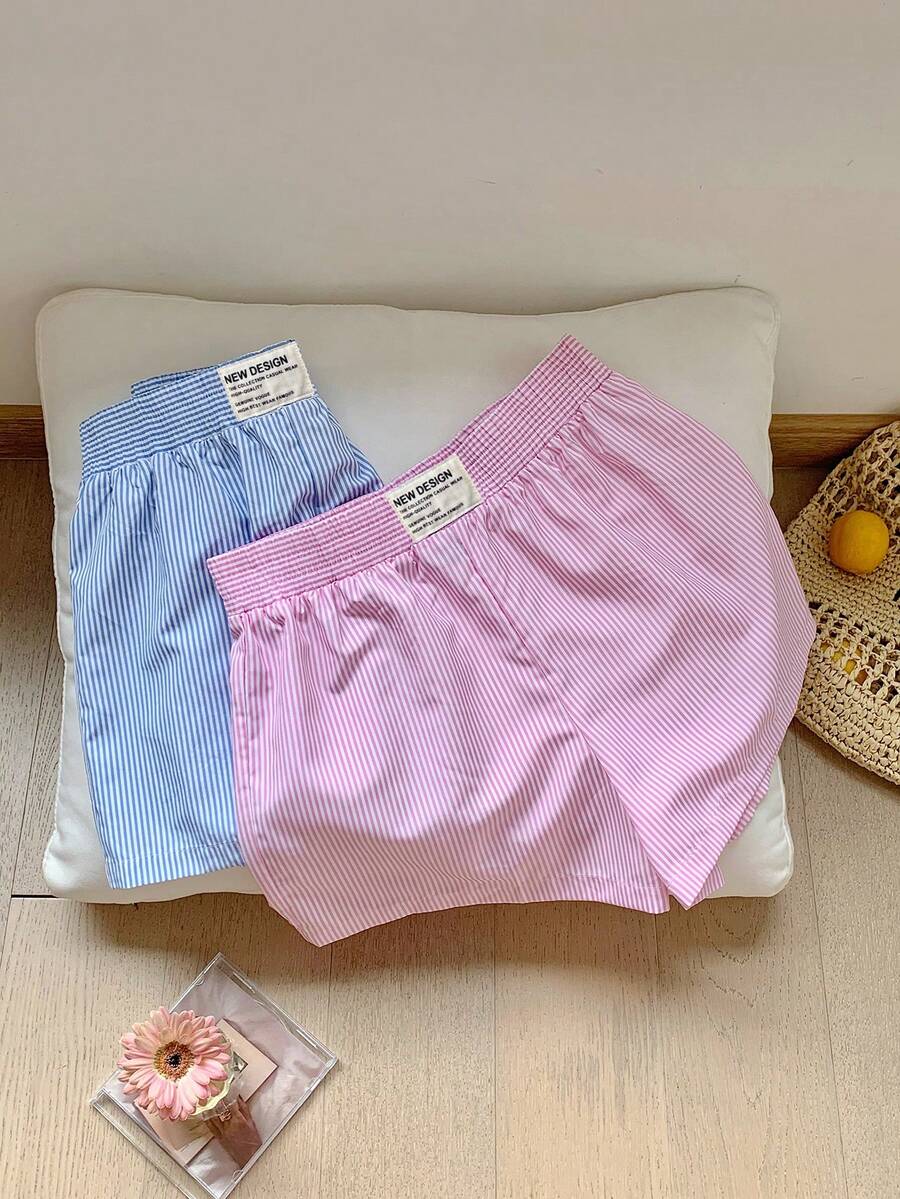 SHEIN 2 件套粉色和蓝色条纹休闲短裤套装，青少年女孩