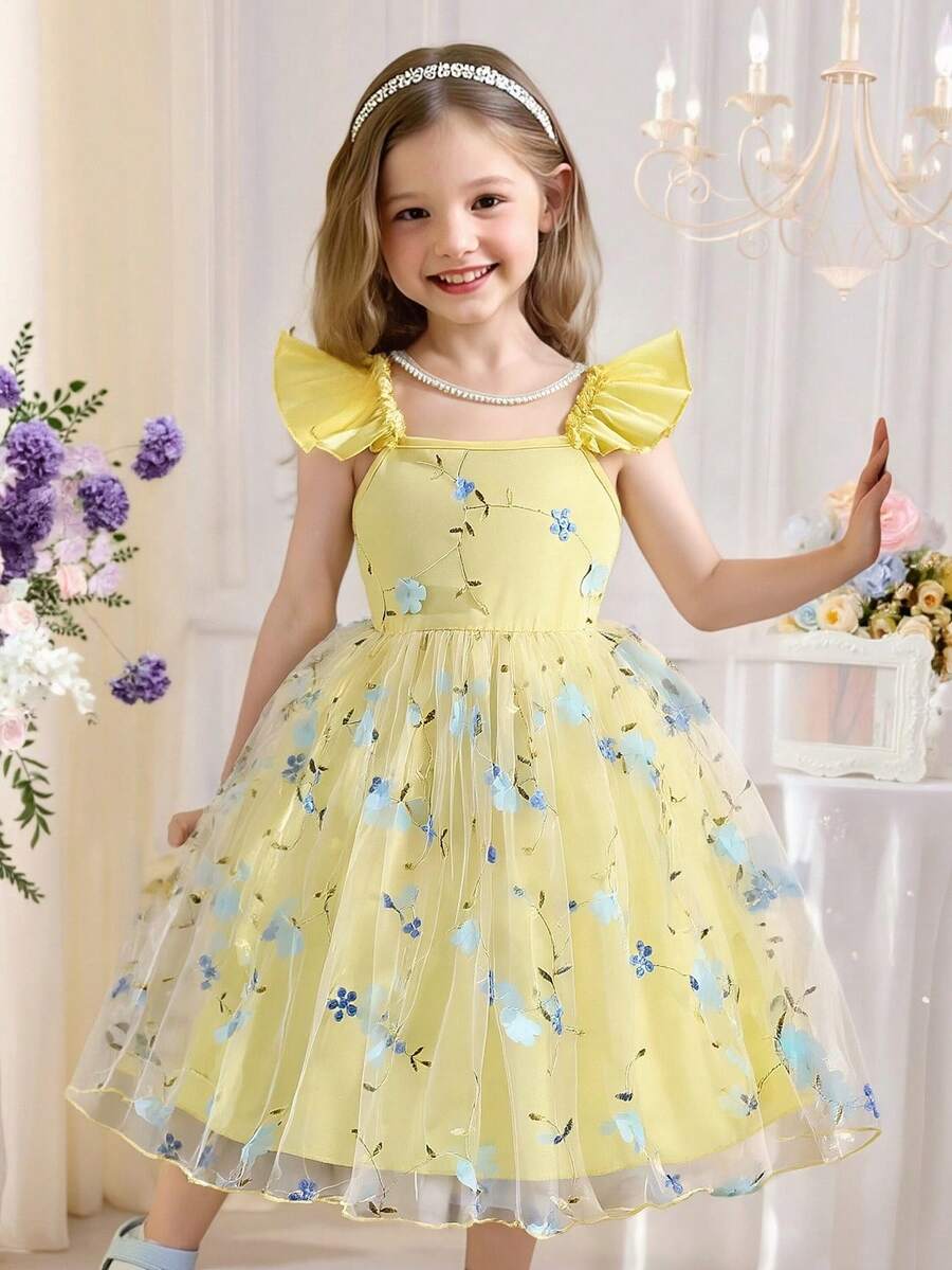 SHEIN Glamorique Kids 少女优雅吊带荷叶边短袖刺绣网纱层叠A字公主裙,适合节日派对、生日礼物、度假、夏季穿着 - 藍色 - 查看 1