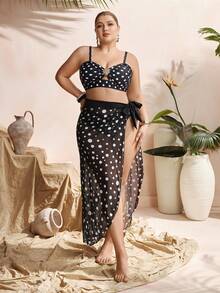 Swim Oasis Plus Size Women Polka Dot Print Side Tie Wrap Top & Skirt Set - Black and White - View 5