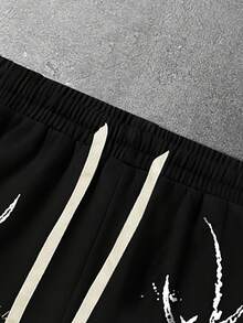 ROMWE MEN Goth 男士松紧腰抽绳休闲时尚夏季短裤 - 黑色 - 查看 3