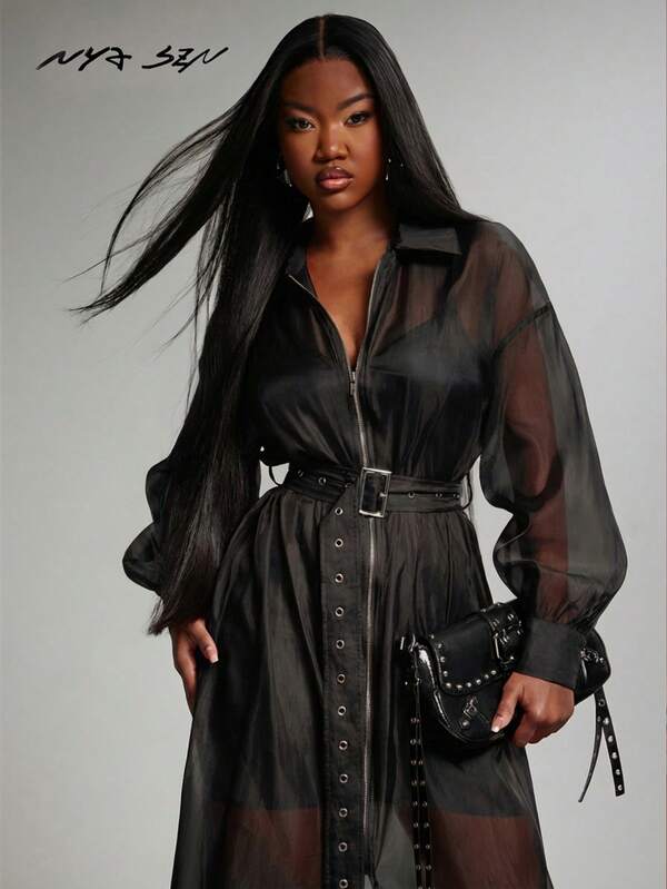 NYA SZN 红色薄纱长款拉链连衣裙，配有戏剧性的层叠袖和缎面吊带，适合晚宴、假日、鸡尾酒会、生日等场合，打造魅力四射的吸睛造型。