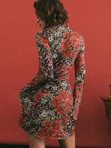 Poéselle Đầm ngắn tay xòe, cổ bẻ, thắt eo, họa tiết da báo và hoa dành cho nữ, thanh lịch cho các buổi hẹn hò và đi chơi. - Đỏ - Xem 2