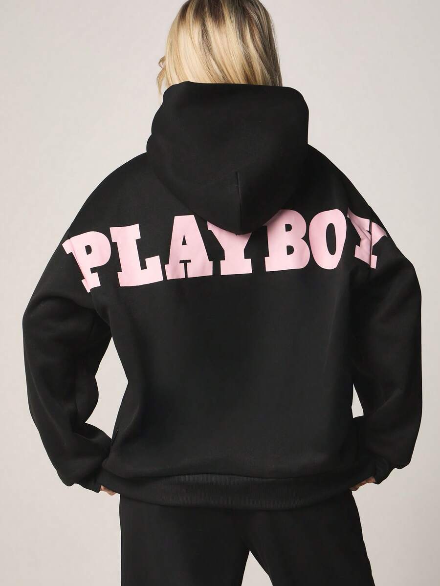 Missguided x Playboy Bunny Logo Hoodie With Centre Pocket And Adjustable Drawstring For Casual Winter Style