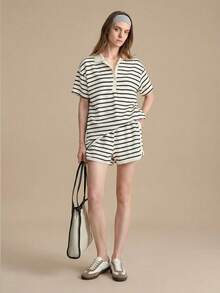 Ontre 2026 Spring/Summer New Striped Polo Collar Short Sleeve Top And Shorts Casual 2-Piece Set, Knit Shorts And Top Summer Outfit, Elegant Women's Suit, Vacation Set, Women's Sportswear Casual Suit - Black and White - View 2