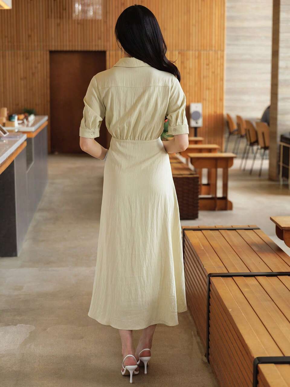 Women's Elegant Solid Color Shirt Dress With Belt, Spring/Summer Sundress