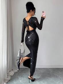 Rafferiza Petite Vestido de mujer de manga larga con cuello redondo, espalda descubierta y cordones, hecho de tela de malla de punto con lentejuelas - Negro - Ver 3