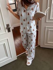 Napfluff Cute Cartoon Bear Plaid Print Short Sleeve & Pants Women Pajama Set - Multicolor - View 6