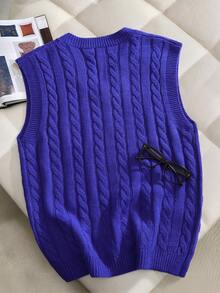 Claim Dot 男士纯色V领扭结针织休闲百搭毛衣背心 - 寶藍色 - 查看 2