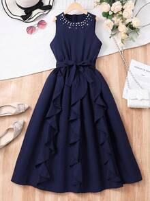 Teen Girl Faux Pearl Detail Belted Ruffle Hem Sleeveless Dress - Navy Blue - View 9