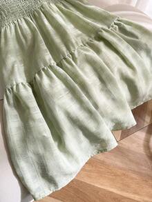 Elladie kids Tween Girls Plain Green Short Dress With Shirred Square Neck Half Puff Sleeves And Flounce Hem In A Line Basics Style - Green - View 3