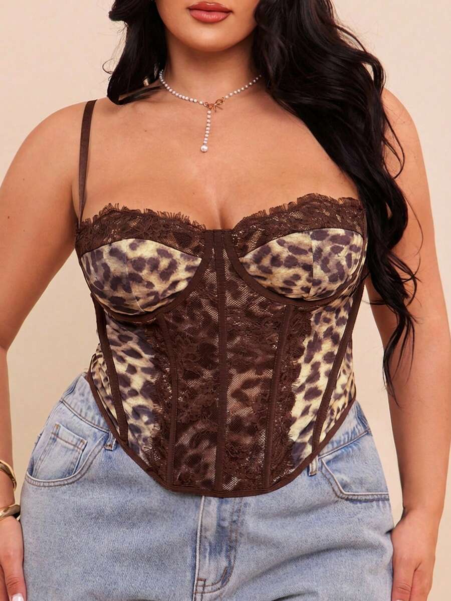 SHEIN BAE 大码女式豹纹蕾丝拼接吊带背心 - 咖啡棕 - 查看 1