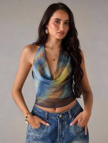 SHEIN BAE Women's Tie-Dye Print Draped Neck Backless Top - Blue - View 3