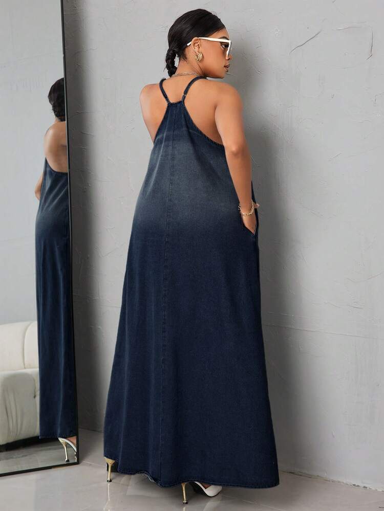 SHEIN Plus Size Women's Fashionable Casual Washed Denim Jumpsuit Dress - Dark Wash - View 2