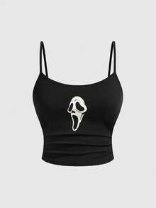 ROMWE Goth Dark Skeleton Print Fitted Camisole Top Paired With Skeleton All-Over Print Flare Pants - Black - View 6