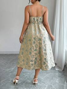 SHEIN PETITE CURVE 大码女士优雅提花吊带连衣裙，适合婚礼宾客、秋冬季穿着 - 綠色 - 查看 2