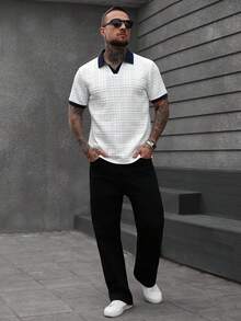 Manfinity CasualCool 男士休闲纹理撞色滚边短袖polo衫，夏季休闲两件套男士黑白衬衫男士V领衬衫男士白灰图案衬衫男士两件套服装白色复古风，适合日常休闲、周末旅行、户外活动、探险旅行、轻松的工作环境或半正式场合，可作为男友/丈夫礼物、周年纪念/生日礼物、派对、夏季假期、新年、婚礼、情人节等场合穿着。男士时尚上衣男士衬衫街头风白色纹理polo衫 - 白色 - 查看 5