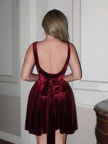 Turnttoni 女士复古天鹅绒红色圣诞连衣裙 - 酒紅色 - 查看 2