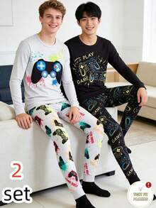 Conjunto de 2 pijamas estilosos para adolescentes, modelo gamer, com modelagem justa. O conjunto preto possui estampa de controle de videogame, enquanto o conjunto branco apresenta detalhes coloridos de controle de videogame. Confeccionados em tecido de malha elástica, proporcionam conforto e são ideais para relaxar e atividades leves, refletindo a vibe jovem dos eSports. - Multicolorido - Ver 5