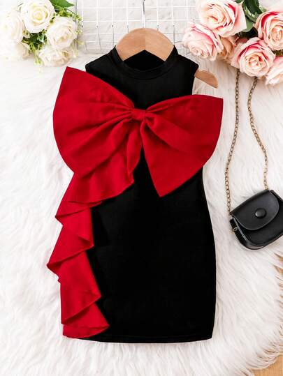 Glamorique Kids Young Girls Black Ribbed Burgundy Bow Decor Dress, Rich Textured Black Ribbed Fabric, Elegant And Charming. Burgundy Contrast Oversized Bow Accent, Fresh And Lovely, Sweet Princess Style. Comfortable Fit, Easy To Wear, Suitable For Daily And Formal Occasions, Great For Girls' Birthday Party, Gathering, Outing Red Bow Dress Black Dress With Bow