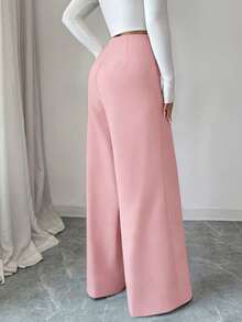 Elenzga New Women's Woven Twill Side Zipper Belt Flared Design Spring/Autumn Casual Loose Fit Elegant Trousers - Pink - View 2