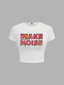 MTV | SHEIN Women's Casual Daily Commute Letter Graphic Short Sleeve Fitted T-Shirt, Summer - White - View 1