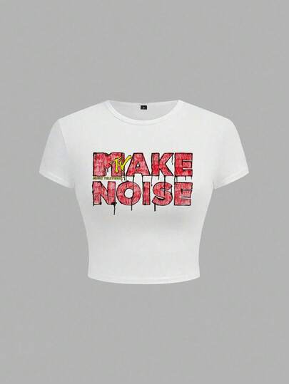 MTV | SHEIN Women's Casual Daily Commute Letter Graphic Short Sleeve Fitted T-Shirt, Summer