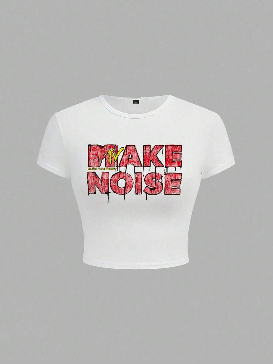 MTV | SHEIN Women's Casual Daily Commute Letter Graphic Short Sleeve Fitted T-Shirt, Summer - White - View 1