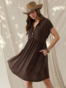 Wildy Women's Dark Brown Boho Summer Dress,American Western Country Vintage Daily Basic Outfits With Pockets,Short Sleeve Vacation Holiday Spring Dress - Coffee Brown - View 5