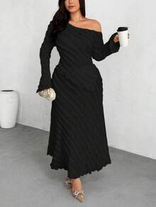 Firerie Plus Size Women's Elegant Textured Fabric Irregular Collar Flare Sleeve Fitted Top And Skirt 2 Pieces Set, Suitable For Spring/Autumn Vacation Black Dresses For Women Long Dresses - Black - View 7