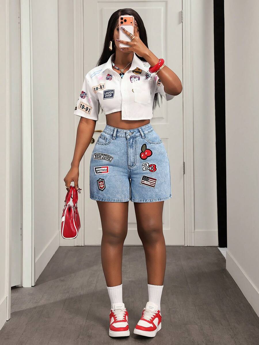 BamGleam Shorts vaqueros de mujer con bolsillos desgastados - Lavado ligero - Ver 1