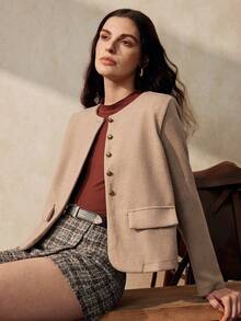 Zovinel 时尚法式优雅短款棕色圆领长袖女式外套，秋冬款 - 卡其色 - 查看 1