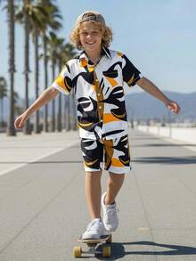 SHEIN Vacaura Tween Boy Graphic Print Shirt & Shorts Without Tee, School, Campus, College - Multicolor - View 3