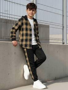 Vacaura 2 件青少年男孩格子长袖衬衫和连帽开衫及长裤套装，秋冬