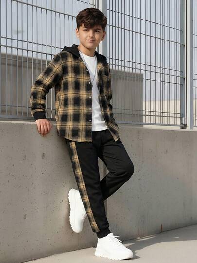 Vacaura 2 件青少年男孩格子长袖衬衫和连帽开衫及长裤套装，秋冬