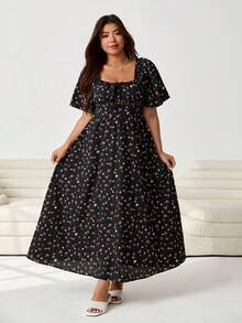 Solflare Đầm ngắn tay cổ vuông in hoa cỡ lớn - Nhiều màu - Xem 5