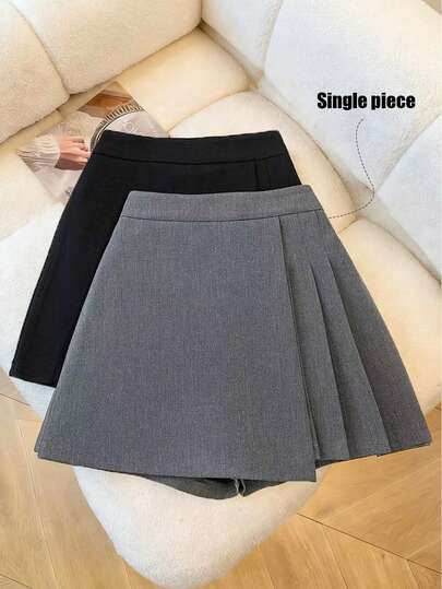 Franclia 1 chiếc quần ống rộng ngắn màu xám cho nữ, kiểu dáng mới năm 2026, cạp cao, xếp ly bất đối xứng thanh lịch, kiểu dáng chữ A thường ngày, thích hợp cho mùa xuân/hè, quần thanh lịch, trang phục thường ngày cho nữ, mùa tựu trường, màu xám đa năng.