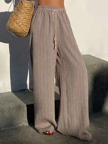 Livesso 女士条纹印花打结休闲宽松裤，适合度假穿着 - 卡其色 - 查看 4