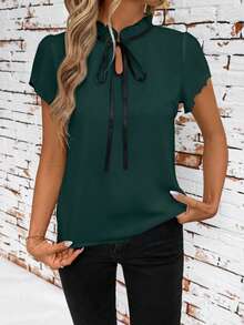 SHEIN Clasi Fitted Women's Contrast Color Tie Neck Short Sleeve Blouse Summer Teacher Country Summer - Dark Green - View 3