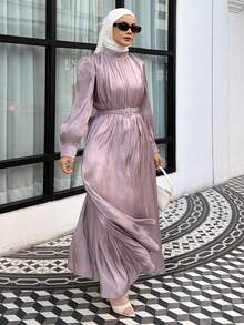 DAZY 女士优雅纯色纹理立领泡泡袖系带连衣裙，春夏吊带裙 - 紫色 - 查看 7