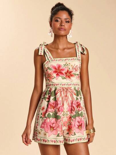 Travachic Romantic Floral Print Lace-Up Jumpsuit