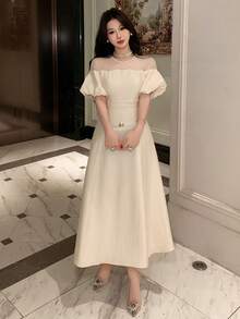 DAZY 女士优雅串珠拼接灯笼袖连衣裙，夏季 - 杏色 - 查看 6