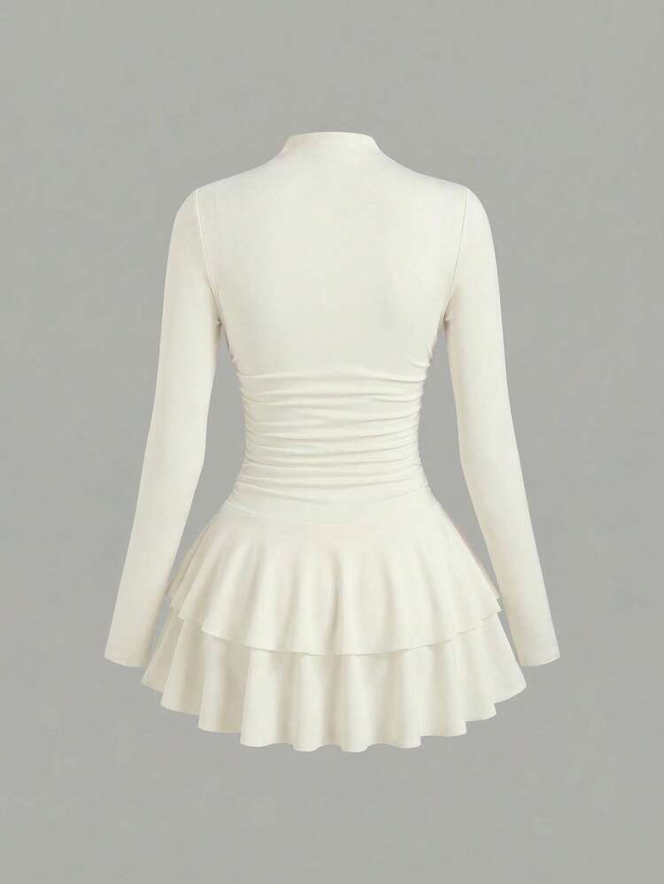 Sweetra Petite Vestido Vintage de Manga Longa com Gola Alta e Cintura Franzida, Vermelho, Outono/Inverno - Damasco - Visão 2