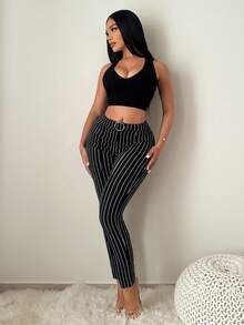 SHEIN SXY Women's Business Casual Black And White Striped Pants With Waist Ring,Elegant ,Business Casual Outfits Women, Striped - Black and White - View 8