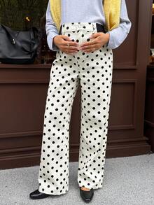 SHEIN Maternity High Waist Straight Leg Polka Dot Print Jeans Spring Christmas New Year Thanksgiving Commuting Vacation Graduation Chic Y2k Cute Streetwear Coquette Party Wedding Elegant Business Casual Woman - White - View 8