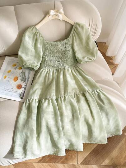 Elladie kids Vestido verde minimalista, suelto y casual de manga corta con estilo elegante y dulce para niñas preadolescentes en verano