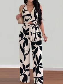 EMERY ROSE Conjunto de 2 piezas de top sin espalda con atar en el cuello y pantalones anchos estampados, look casual de vacaciones para mujer - Albaricoque - Ver 3