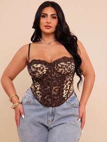 SHEIN BAE 大码女式豹纹蕾丝拼接吊带背心 - 咖啡棕 - 查看 6