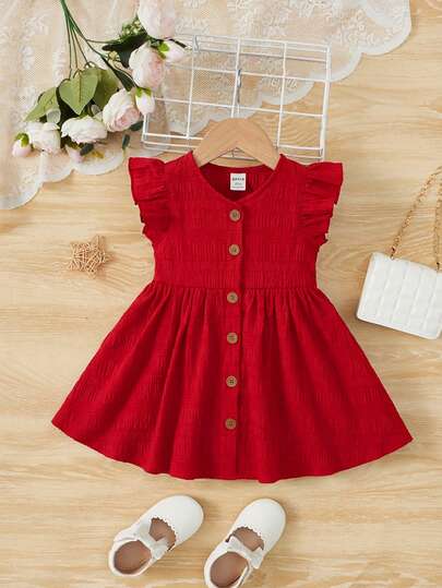 SHEIN Vestido casual de unicolor con cuello de volantes para niña bebé