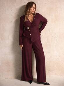 SHEIN PETITE CURVE 秋冬女装时尚休闲纯色纹理金属扣带不对称开衩裤装套装，时尚外出，女士办公室穿着，工作/办公 - 酒紅色 - 查看 6