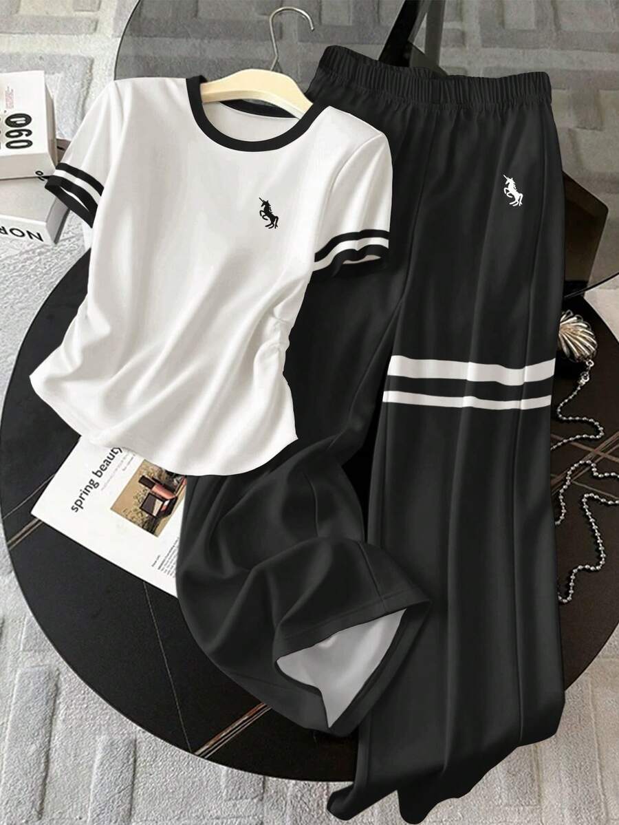 Resyla 女士休闲运动学院风撞色滚边条纹印花短袖T恤和阔腿裤两件套，夏季 - 彩色 - 查看 1